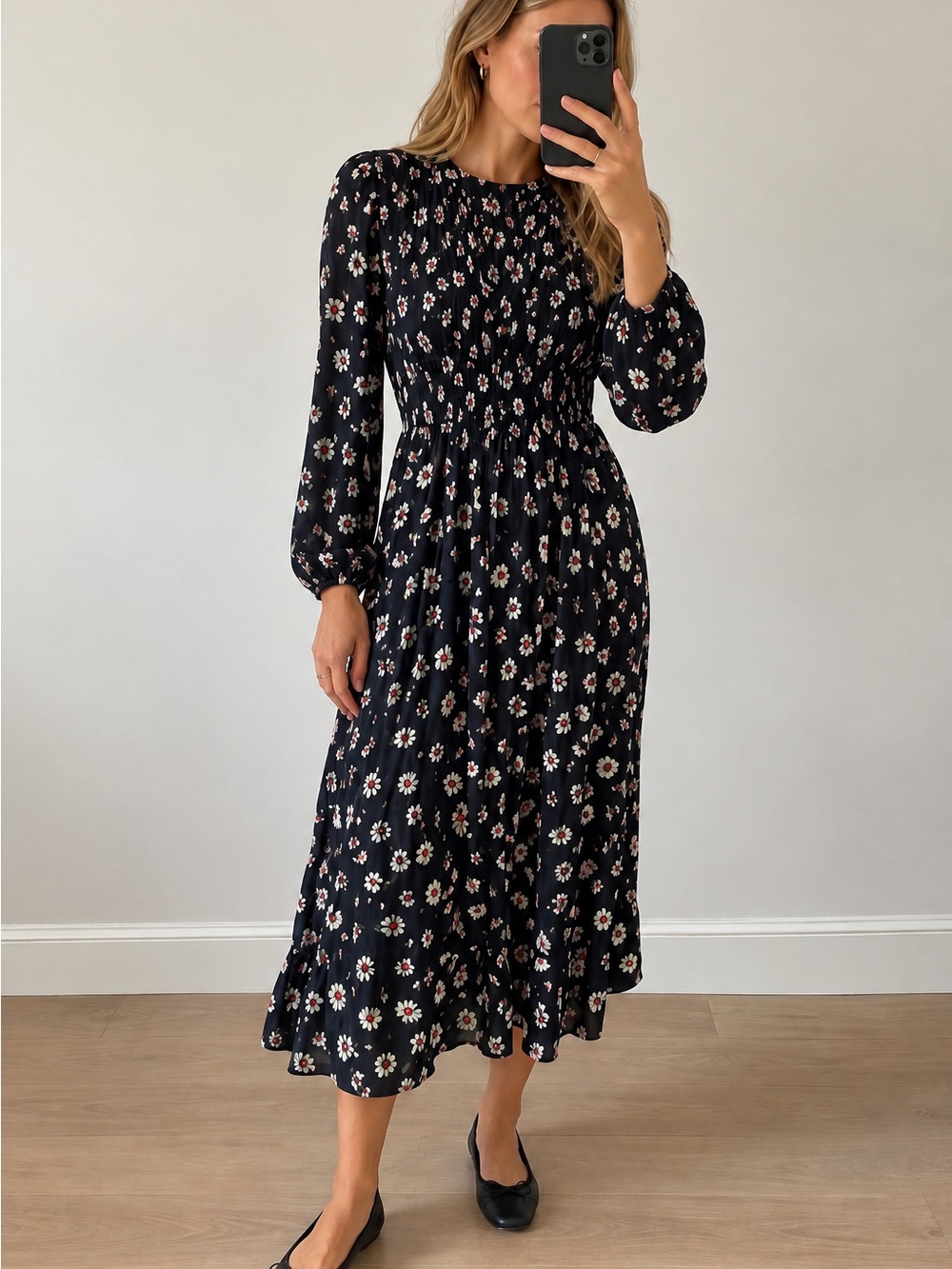 Ganni Black Floral Smocked Midi Dress